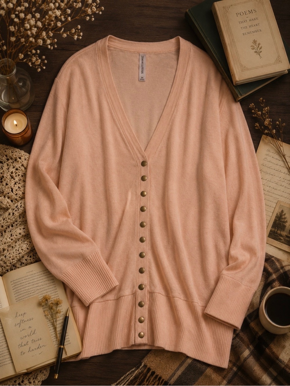 Zenana Outfitters 2XL Peach Snap Cardigan Poetcore Light Academia Soft Knit - Picture 1 of 4